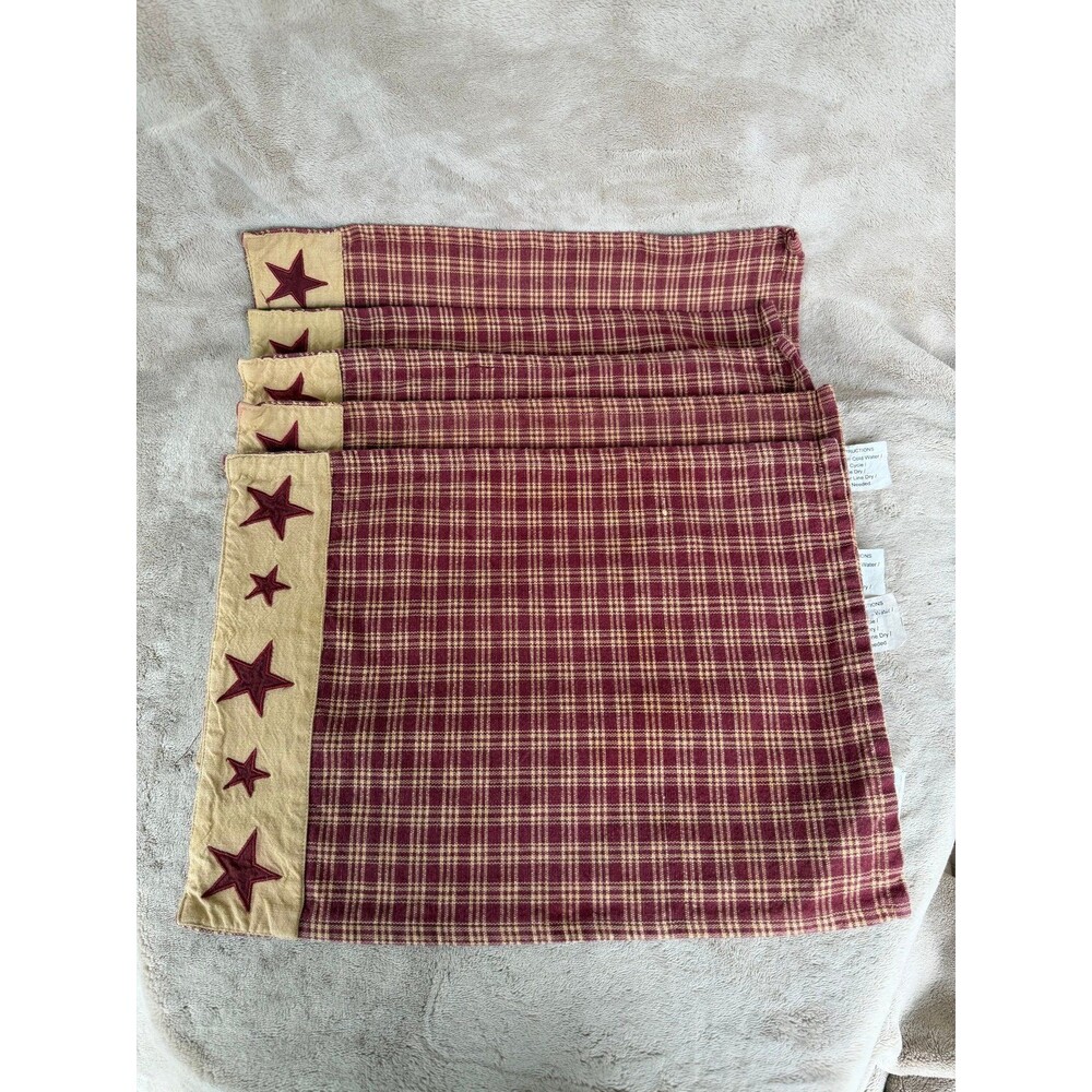 Set of 4 Park Designs Sturbridge Wine Plaid Applique Star Placemats Americana
